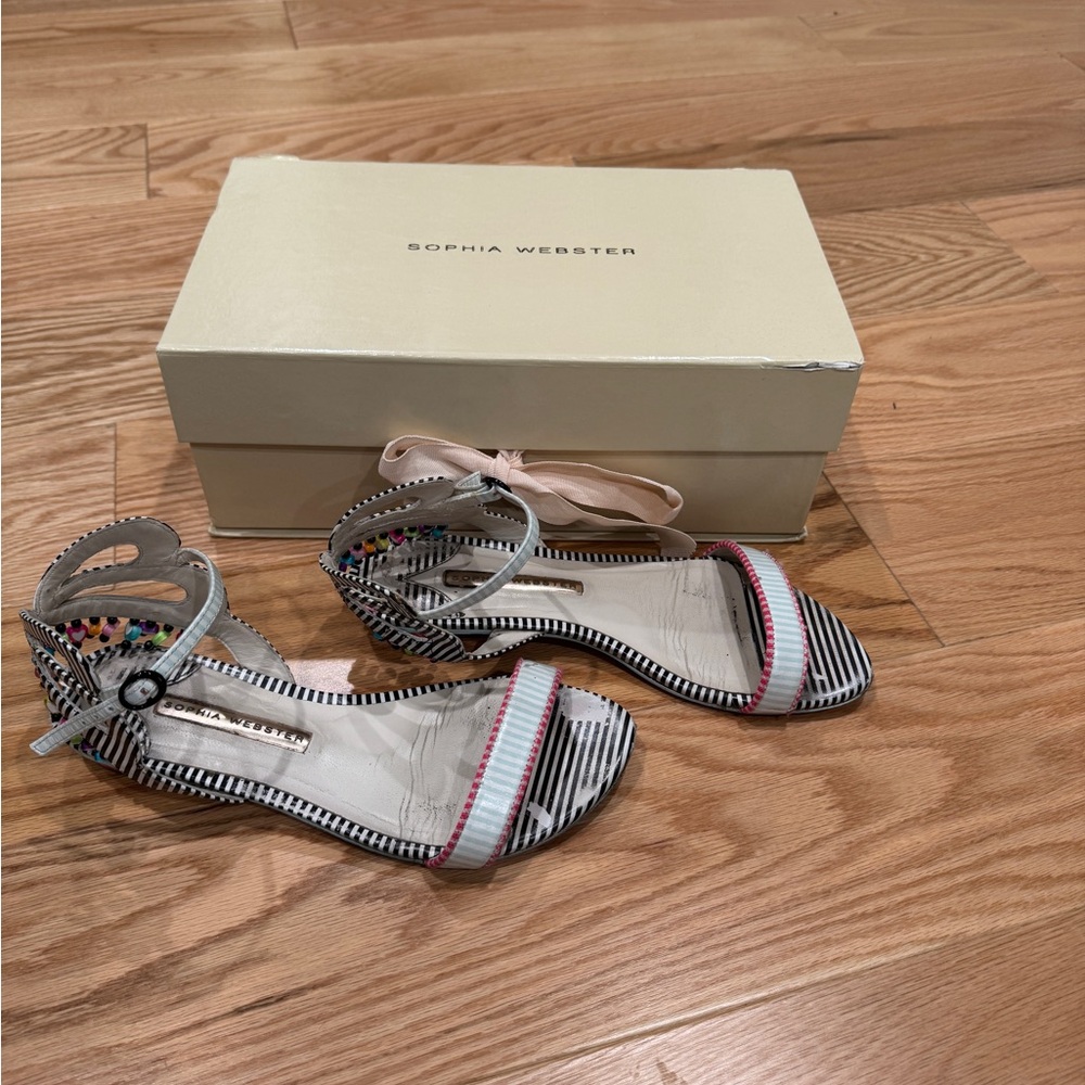 Sophia Webster Black and White Striped Sandals with Pink Accents
